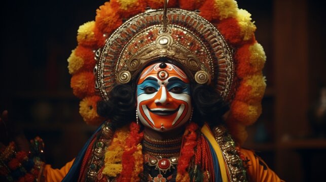 Yakshagana is an Indian theater form that combines dance, music, dialogue,  costume, make-up, and stage techniques with a unique style and form.  Elaborate and co…