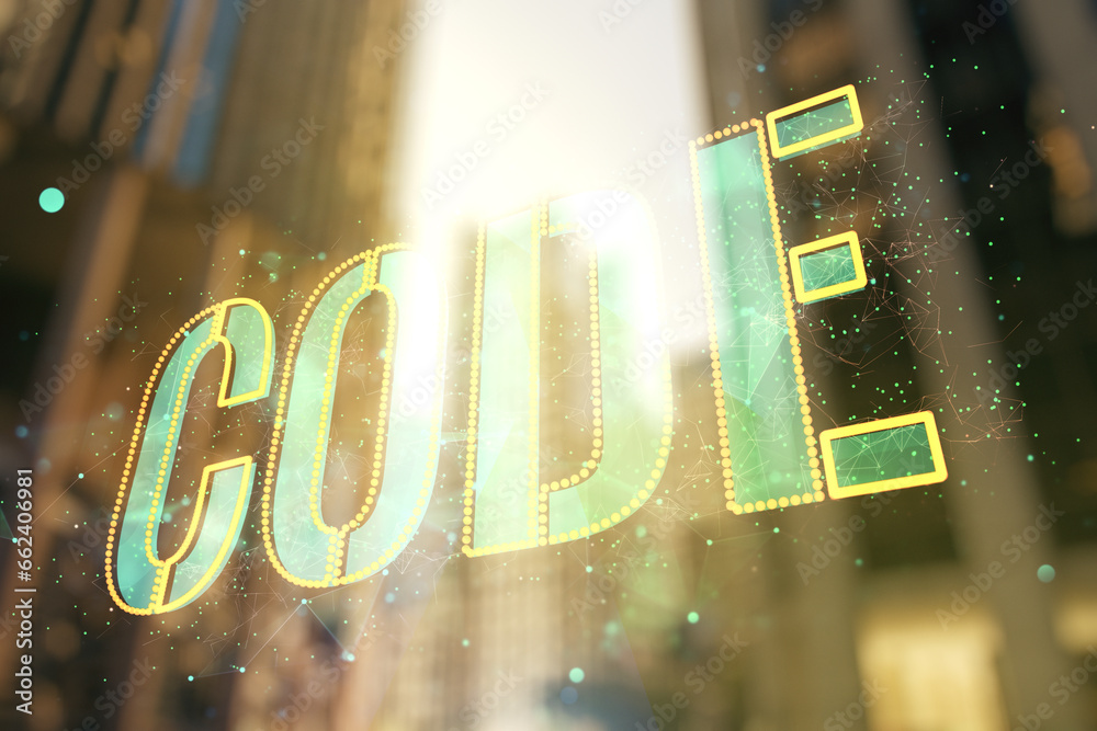 Aufkleber code word hologram on blurry cityscape background, artificial intelligence and neural networks conce