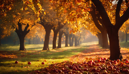 An apple orchard in the fall, with trees laden with ripe apples and colorful autumn leaves.