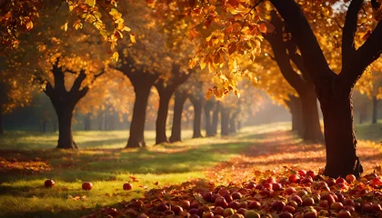 Foto op Plexiglas An apple orchard in the fall, with trees laden with ripe apples and colorful autumn leaves. © simo