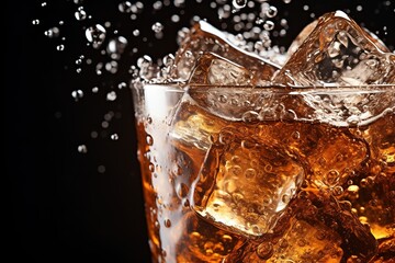 Ice cubes in a glass with a drink with splashes on a black background. Large plna. Macro. Drinks, thirst,