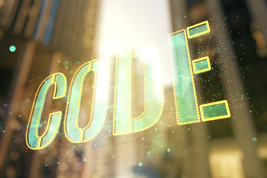 Code word hologram on blurry cityscape background, artificial intelligence and neural networks concept. Multiexposure