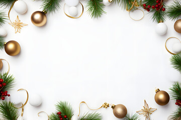 Fototapeta na wymiar Kreativer Rahmen für Weihnachten mit Tannenzweige, Dekoration, Glitzer und Konfetti auf weißem Hintergrund für Weihnachten und Neujahr - Top View