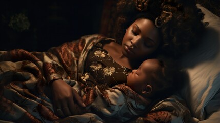 portrait of african american black woman and child hugging in bed and sleep, mother and baby hug in bedroom
