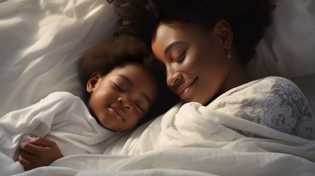 portrait of african american black woman and child hugging in bed and sleep, mother and baby hug in bedroom
