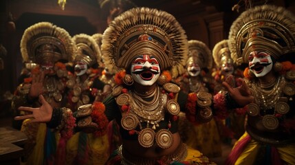 Traditional Yakshagana performers enacting a mythological scene, their elaborate costumes adding to the grandeur.