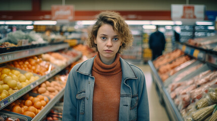 Young adult depressed french woman shopping in a supermarket for groceries, looking at camera without having any idea what to choose