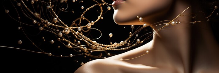 Jewelry fashion banner, cropped woman in luxury creative golden pearls jewels, glamour female african American model with beauty face makeup wearing expensive gold stylish Jewelry on black background. - obrazy, fototapety, plakaty
