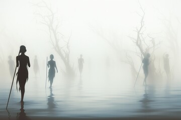 Fototapeta premium Elusive mist walkers, traversing through dense fog and hidden realms - Generative AI