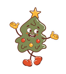 The Christmas tree is dancing and laughing. Cute character in old retro cartoon style. Christmas balls, star. Vintage holiday illustration for sticker, poster, design elements