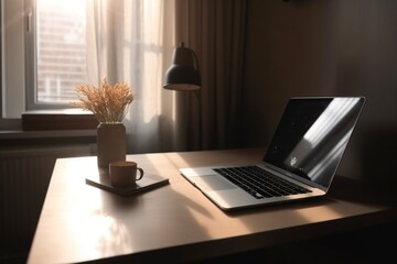 workplace laptop and desk, home office concept