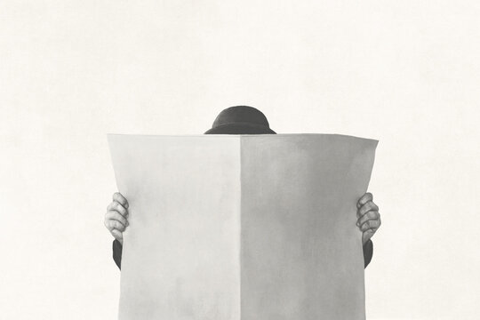 Illustration of man with bowler holding empty newspaper