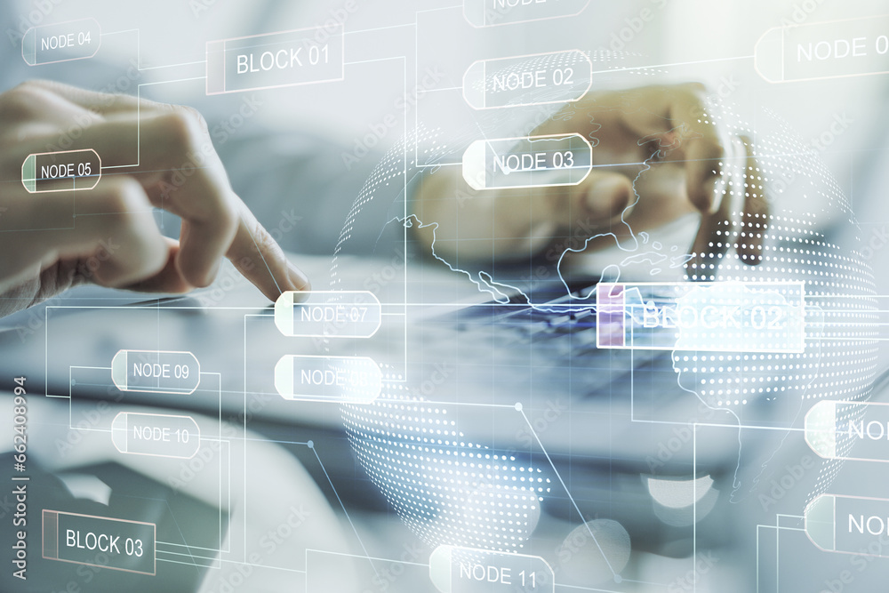 Aufkleber Double exposure of abstract creative programming illustration with world map and hand typing on laptop on background, big data and blockchain concept