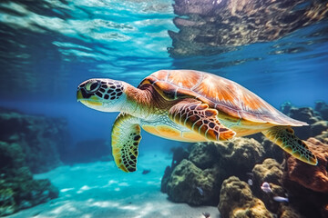 Fototapeta na wymiar Beautiful turtle swimming among fishes in blue water. Beautiful underwater shot of a turtle and sea life in turquoise clear water.