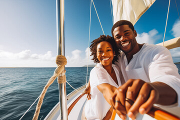 Beautiful black couple enjoying cruise vacation on a sunny day. Young couple on yacht or cruise in the Caribbean. Smile for the camera on sunny day.