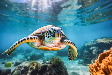 Obraz premium Beautiful turtle swimming among fishes in blue water. Beautiful underwater shot of a turtle and sea life in turquoise clear water.