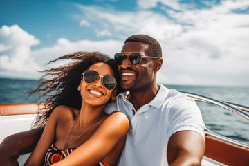 Foto op Plexiglas Beautiful black couple enjoying cruise vacation on a sunny day. Young couple on yacht or cruise in the Caribbean. Smile for the camera on sunny day. © VisualProduction