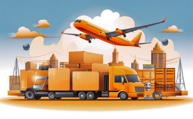 Cargo logistics concept. Industrial container yard for logistic import export business and forklift. Plane and truck loaded with cargo.