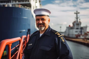Fototapeten Captain on a cargo ship. Young confident attractive captain on a ship portrait. Bridge and navigational equipment on container ship © VisualProduction