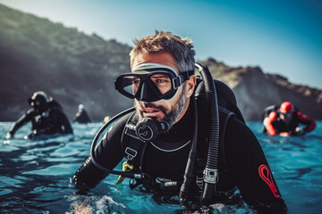 Diving lessons in open waters. Scuba diver before doing a dive. Confident smiling happy scuba diver standing in water in gear before diving. - obrazy, fototapety, plakaty