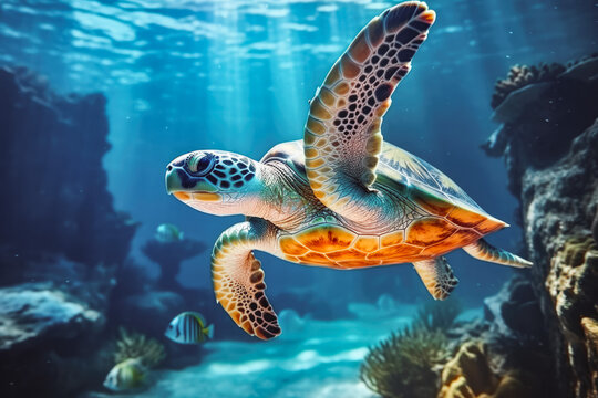 Beautiful turtle swimming among fishes in blue water. Beautiful underwater shot of a turtle and sea life in turquoise clear water.