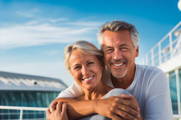 Beautiful middle aged couple enjoying cruise vacation on a sunny day. Couple on a sea cruises ship by the pool. couple on cruise in the Caribbean. - obrazy, fototapety, plakaty