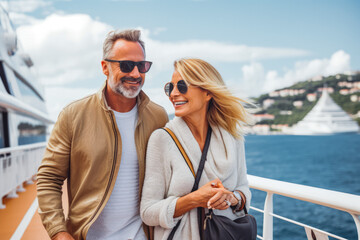 Beautiful middle aged couple enjoying cruise vacation on a sunny day. Couple on a sea cruises ship walking. couple on cruise in the Caribbean. - obrazy, fototapety, plakaty