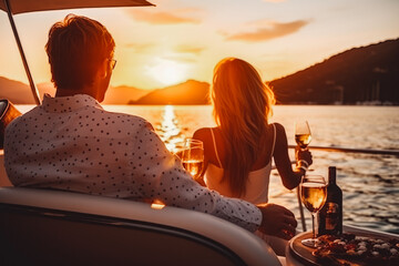 Man and woman relaxing outdoors on a sailboat. Luxury lifestyle sail yacht on tropical beach. Rich young couple enjoying on their private sailing boat