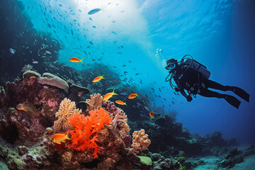 Scuba diving in tropical ocean coral reef sea under water. Scuba diver watching coral reef in clear turquoise waters, looking at fish.