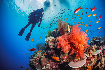 Fototapeta na wymiar Scuba diving in tropical ocean coral reef sea under water. Scuba diver watching coral reef in clear turquoise waters, looking at fish.