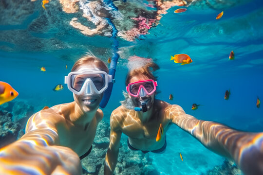 Young couple in snorkeling mask holding hands and diving underwater. Young couple diving in a coral reef, watching beautiful sea live
