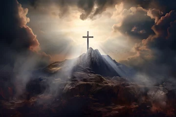 Foto op Canvas Holy cross symbolizing the death and resurrection of Jesus Christ with The sky over Golgotha Hill is shrouded in light and clouds. © Crazy Dark Queen