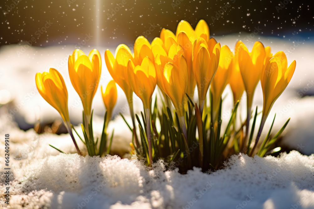 Poster Crocus yellow blooms on a snowy landscape in spring