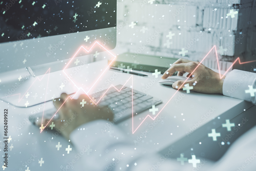 Poster creative abstract heart pulse hologram and hands typing on computer keyboard on background, online m
