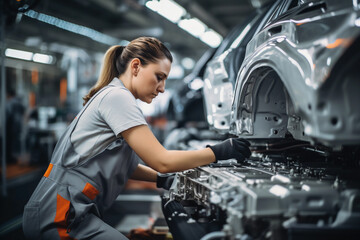 Young female worker working in a production line of modern car manufacturing factory, engineer working with high - tech machinery