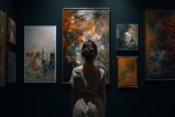 young woman visiting an art museum, looking at paintings on display; Unrecognizable young adult woman visitor in a modern art gallery, thoughtfully looking at painting or artistic picture on the wall
