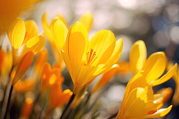  spring yellow crocus  flowers in sunlight