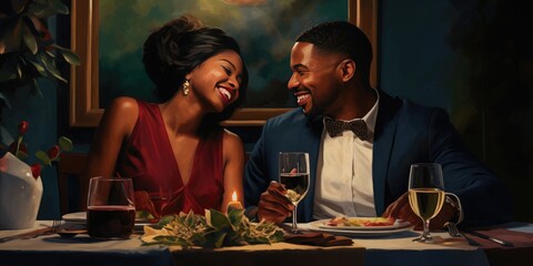 Black couple at holiday dinner - obrazy, fototapety, plakaty