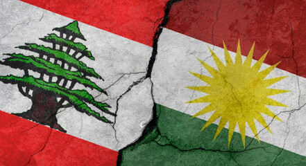 Lebanon and Kurdistan flags, concrete wall texture with cracks, grunge background, military conflict concept