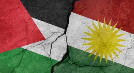 Palestine and Kurdistan flags, concrete wall texture with cracks, grunge background, military conflict concept