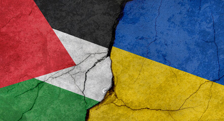Palestine and Ukraine flags, concrete wall texture with cracks, grunge background, military conflict concept