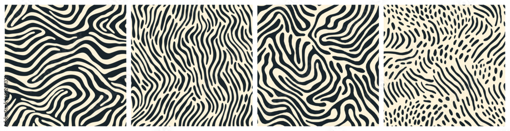 Poster abstract black and white line doodle seamless pattern set. vintage organic style drawing background 