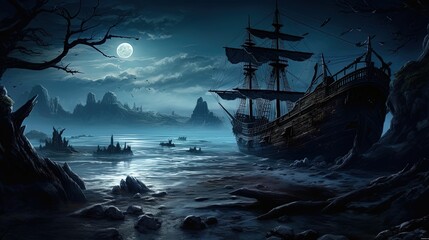 Naklejka premium Haunted Ship On A Shoreline - Halloween