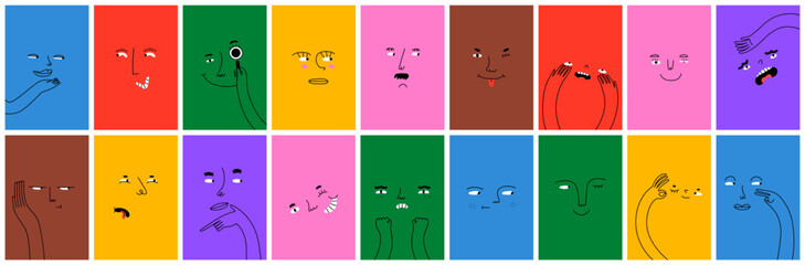 Diverse people face doing funny hand gesture and emotion. Colorful avatar design set, modern flat cartoon character collection in simple doodle art style for psychology concept or social reaction. © Dedraw Studio
