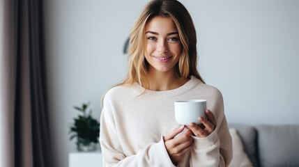 beautiful young woman in pajamas holds a cup of coffee or tea against the background of the bedroom, morning at home, girl, breakfast, weekend, cozy interior, daylight, pastel colors, smiling - obrazy, fototapety, plakaty