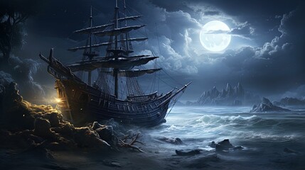 Haunted Ship On A Shoreline - Halloween