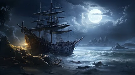 Poster Im Rahmen Haunted Ship On A Shoreline - Halloween © Kavishka Heshan