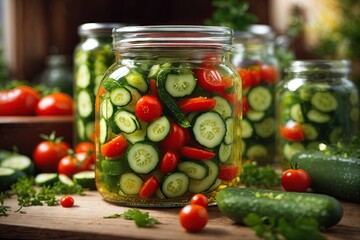 cucumbers and tomatoes pickled in a jar blanks. ai generative - obrazy, fototapety, plakaty