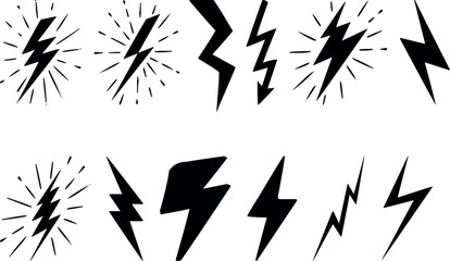 Set of thunderbolt and lightning black icons. Vector simple icons in flat style. Lightning silhouettes isolated on white background.