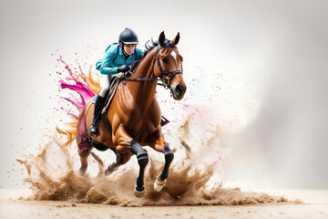 Equestrian sport horse jump colorful splash. ai generative
